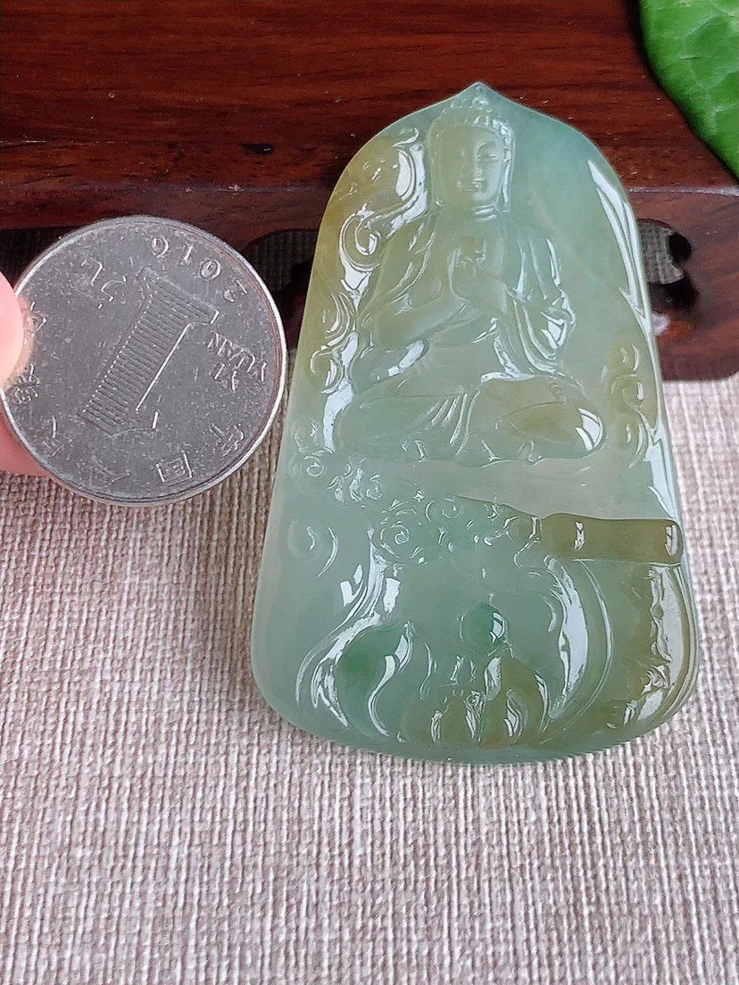 缅甸a货翡翠ddj老坑冰种飘黄翡飘花大日如来吊坠 整体59×37.4×4.8mm 22.00