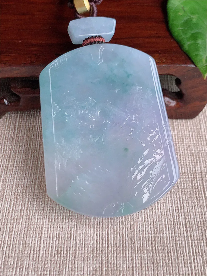 缅甸a货翡翠ddj老坑冰种紫罗兰飘花意境山水牌吊坠 整体52.6×40×5.7mm 38.97