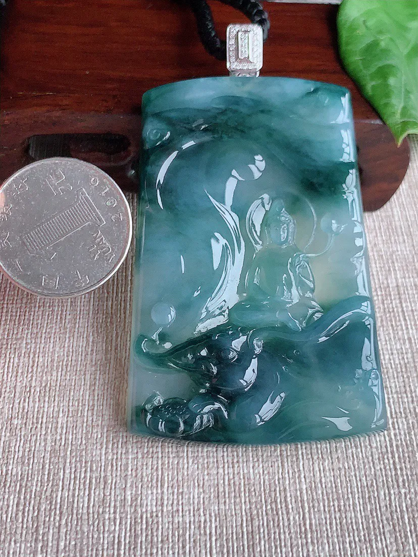 缅甸a货翡翠ddj老坑冰种18K金镶嵌飘花普贤菩萨吊坠 整体77×67×44×6mm 53.86