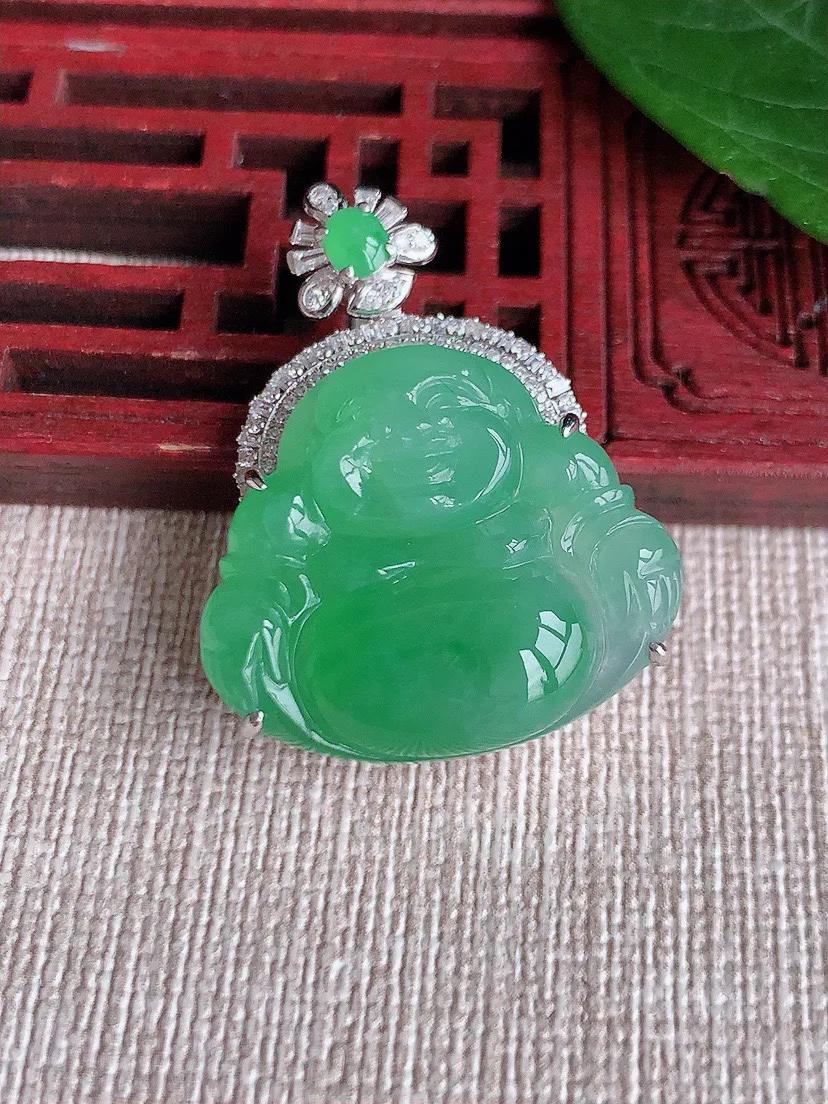 缅甸a货翡翠ddj老坑冰种18K金镶嵌满绿佛公吊坠 整体33×21.6×25×9.6mm 8.82