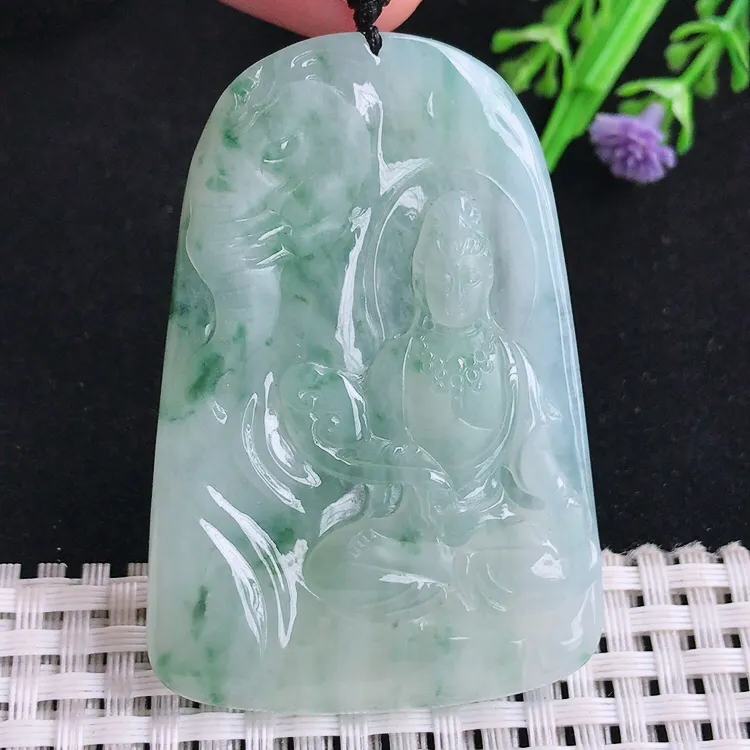 自然光老坑冰胶果冻飘花普贤菩萨吊坠守护神尺寸58.6/39.8/5.8