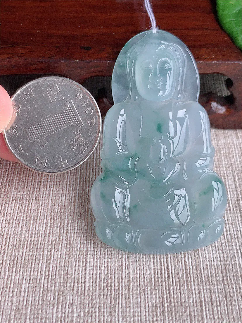 缅甸a货翡翠ddj老坑冰种飘花正装观音吊坠 整体57.3×33×5.3mm 18.10