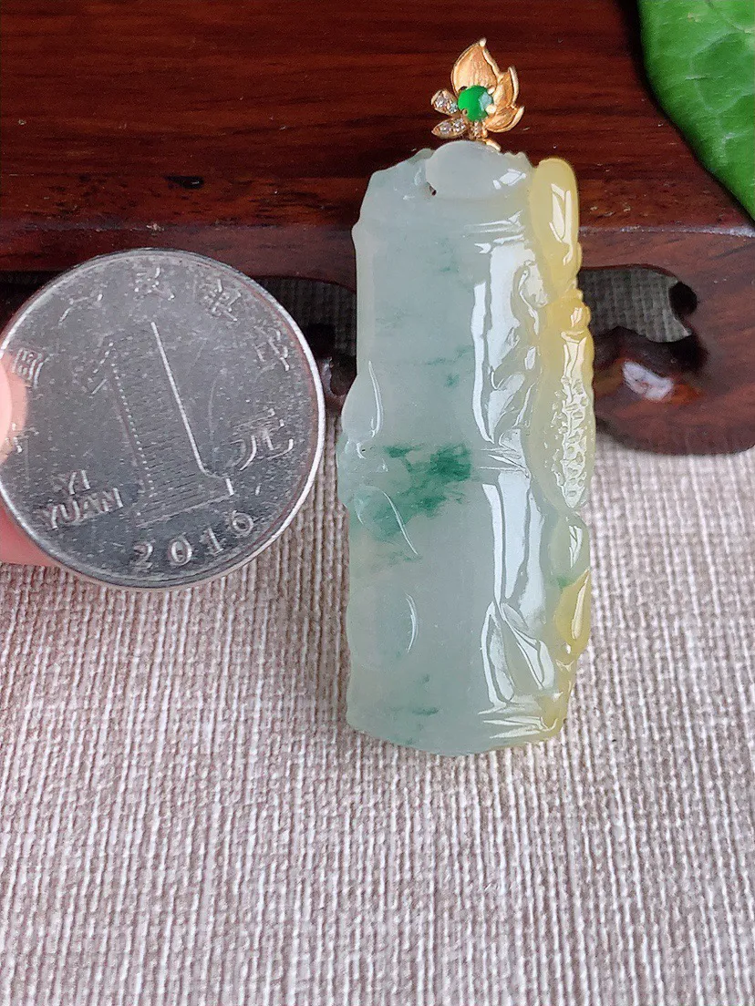 缅甸a货翡翠ddj老坑冰种18K金扣头飘黄翡飘花竹节节节高升吊坠 整体51×43.3×18.7×6.3mm 12.85
