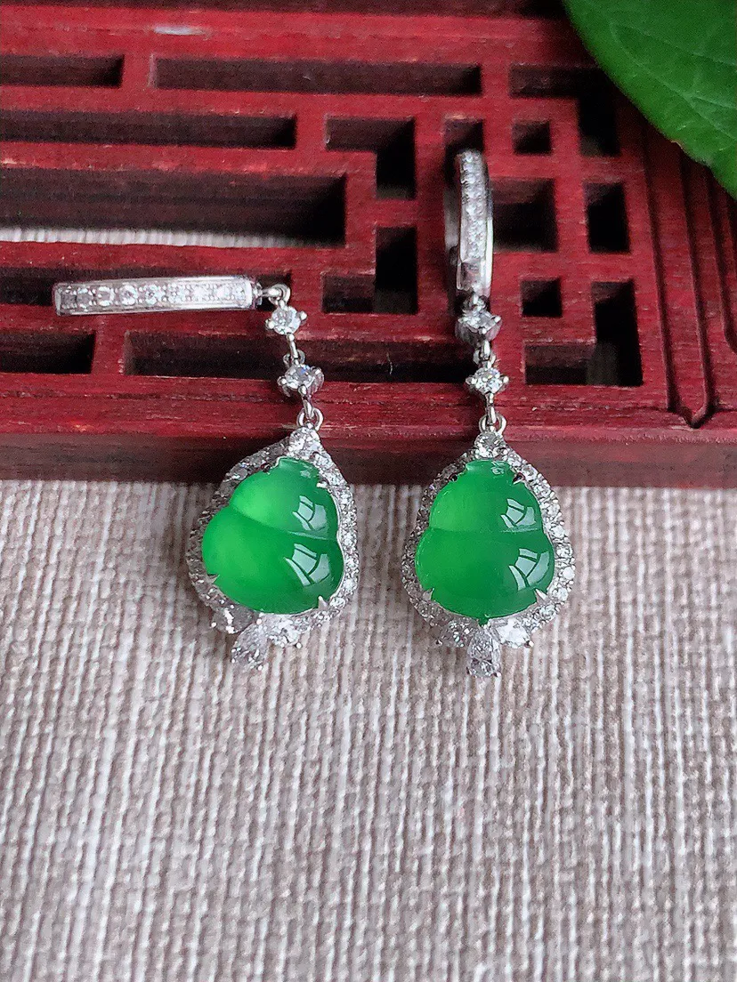 缅甸a货翡翠ddj老坑冰种18K金镶嵌阳绿葫芦耳坠 整体9×7.3×6.2mm 4.16