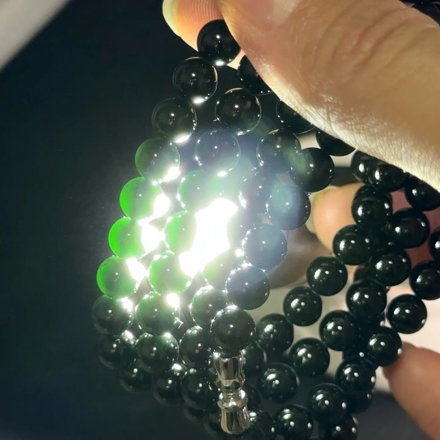 精品墨翠珠串 108颗 6.5mm 种好色正 黑度极好 打灯通透 油性十足