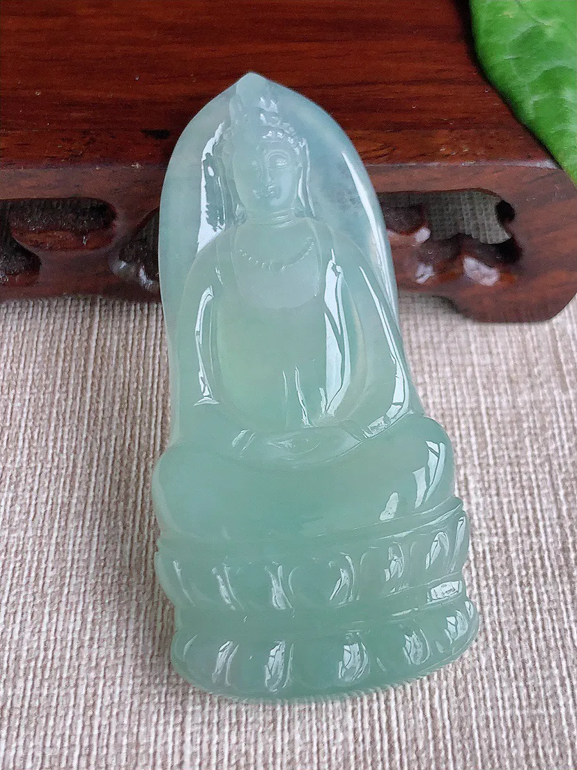 缅甸a货翡翠ddj老坑冰种晴水观音吊坠 整体66×30.7×6.4mm 25.40