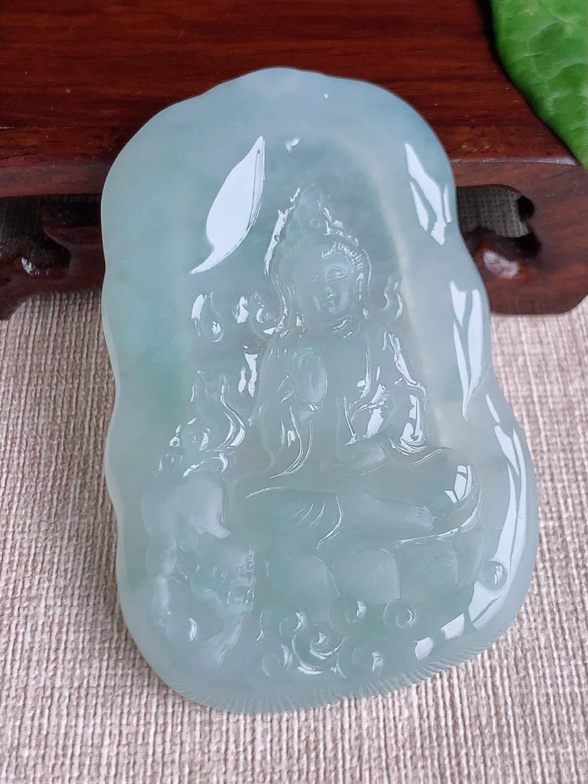 缅甸a货翡翠ddj老坑冰种晴水文殊菩萨吊坠  整体67.4×43×6.6mm 40.15