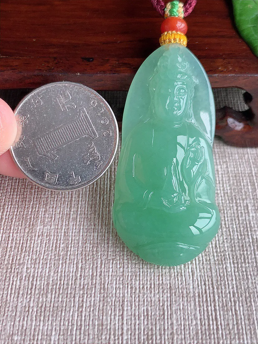缅甸a货翡翠ddj老坑冰种满绿观音吊坠 整体49×24×7.6mm 18.70