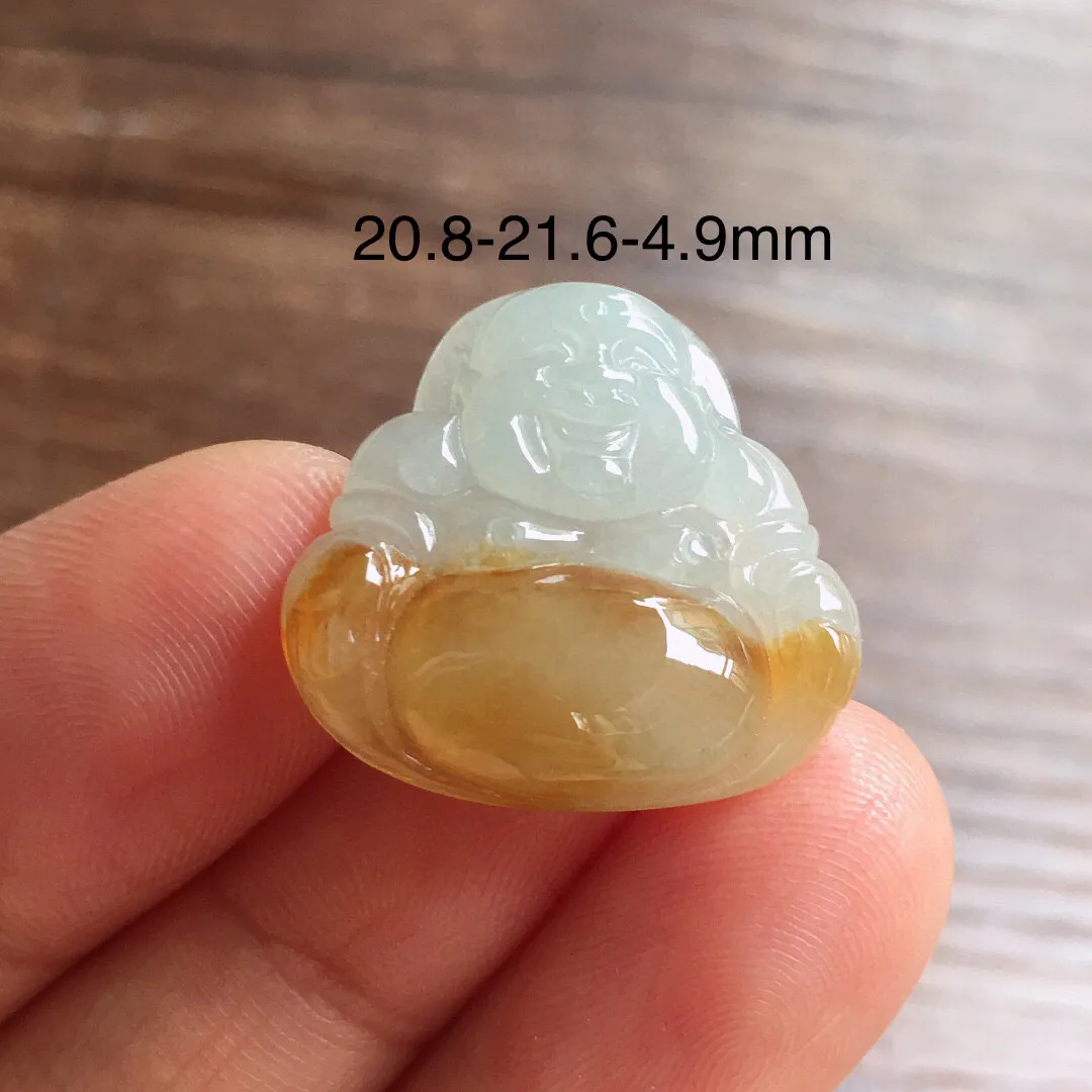 冰黄翡笑佛，冰润色艳，品相好，种水足，整体尺寸20.8*21.6*4.9