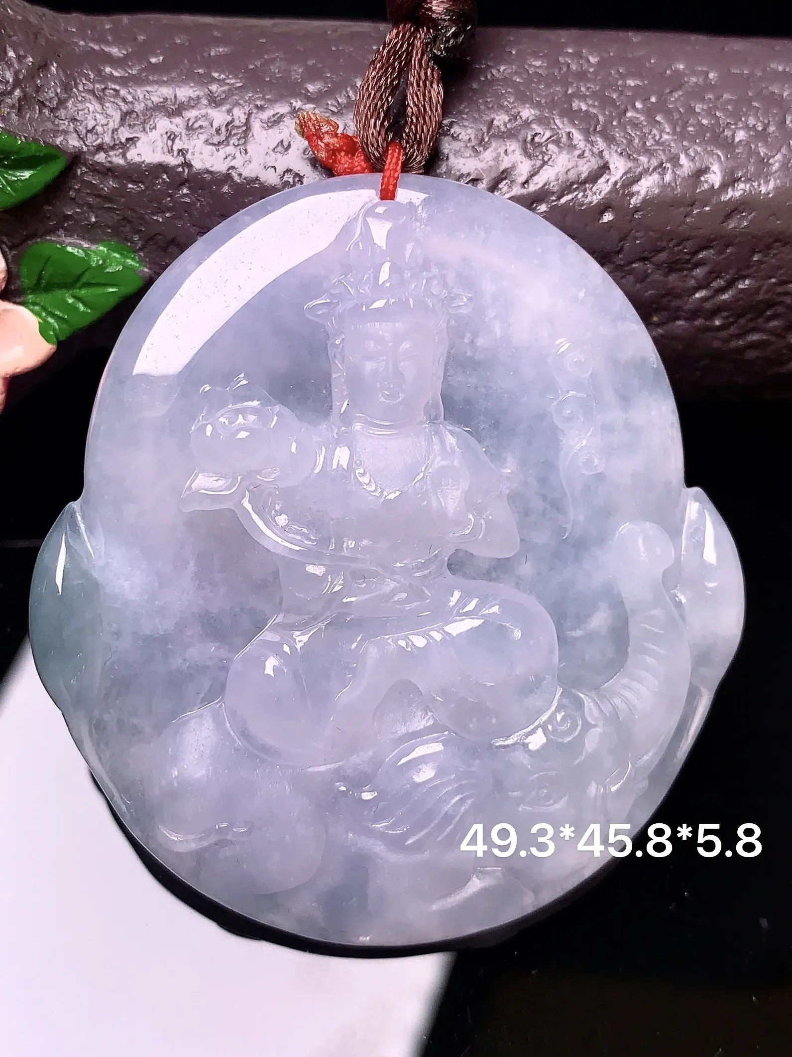冰种普贤观音菩萨吊坠 玉质细腻 色泽清新艳丽 整体尺寸49.3*45.8*5.8