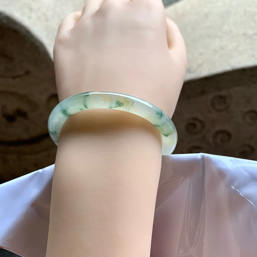 圆条冰黄翡飘绿花 无瑕 尺寸:50.3/6.9/7.7