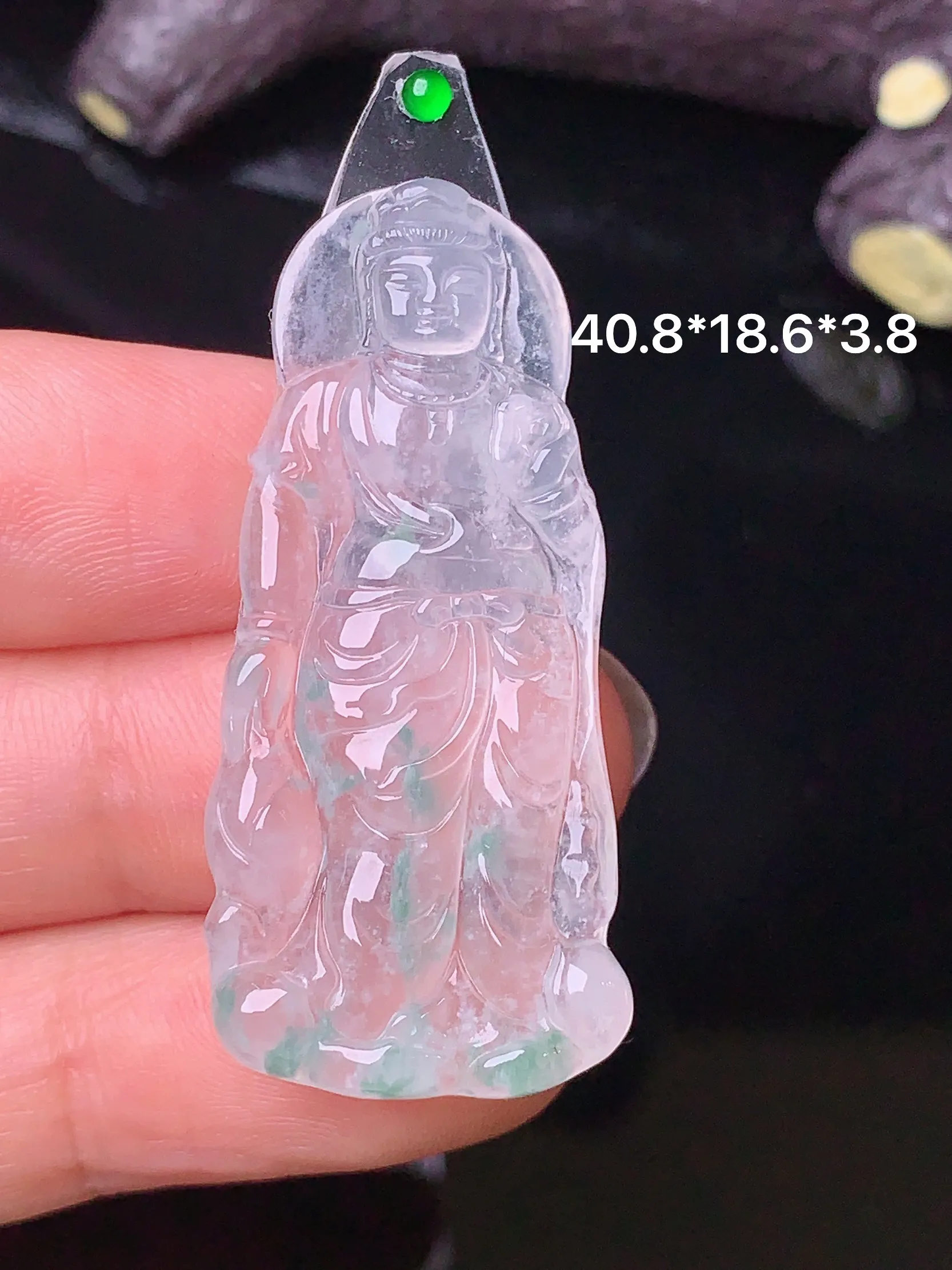 镶嵌款 冰种飘绿观音吊坠 玉质细腻 色泽清新艳丽 整体尺寸40.8*18.6*3.8
