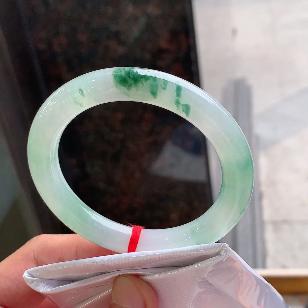 圆条高冰飘花 一丝棉线 尺寸:53.5/9.6 花美 种水好
