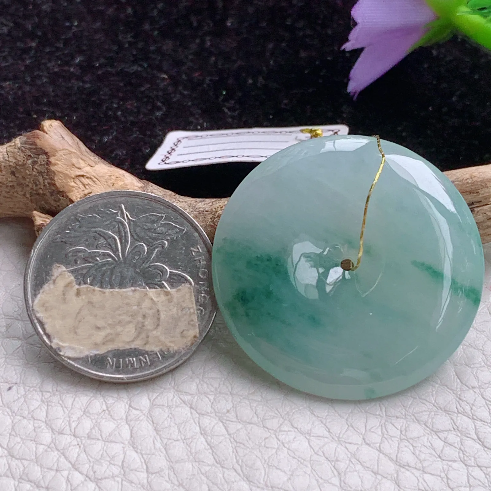 xj实拍34*5.7缅甸翡翠A货冰飘花灵动玉平安扣 玉扣玉吊坠