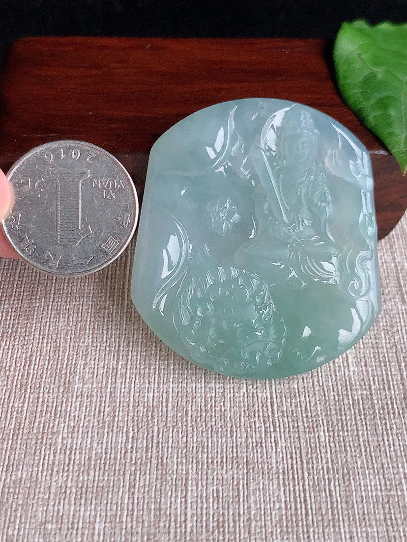 缅甸a货翡翠ddj老坑冰种晴水一刀切文殊菩萨吊坠 整体52×46×5.6mm 30.05