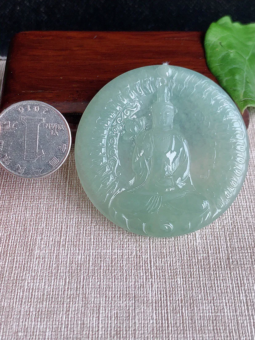 缅甸a货翡翠ddj老坑冰种晴绿大势至菩萨吊坠 整体55.7×5.2mm 33.16