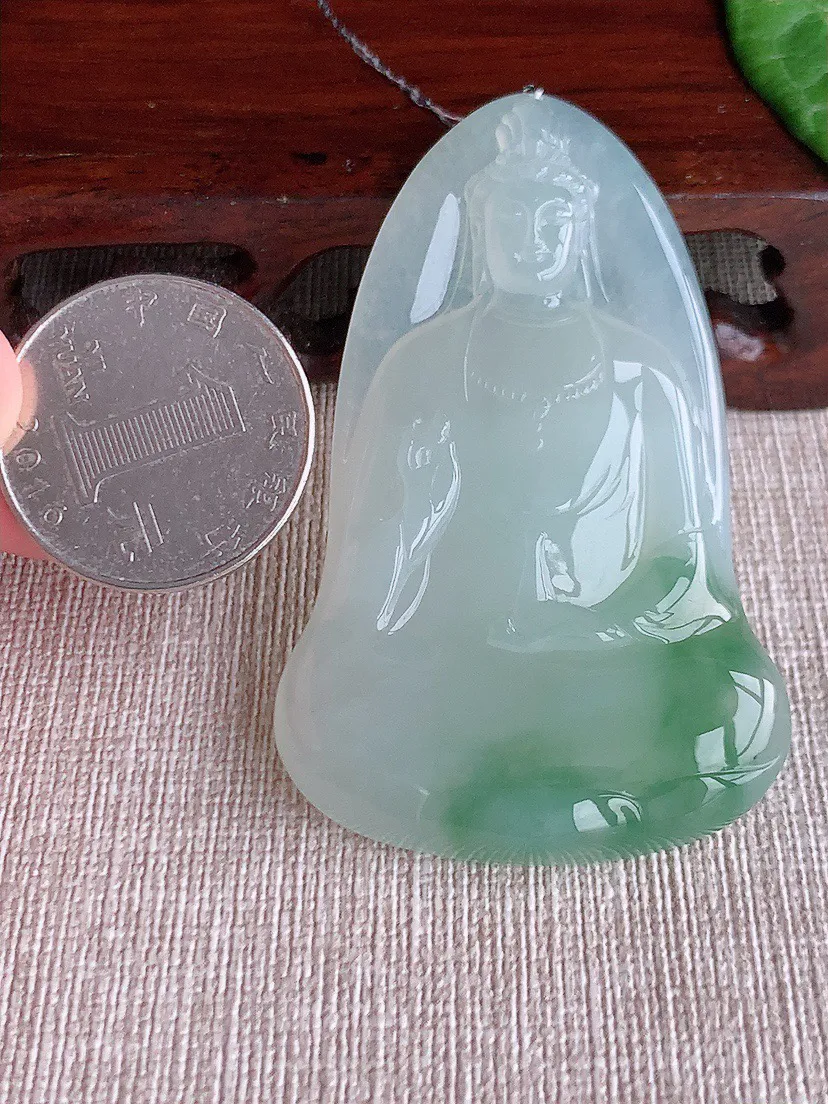 缅甸a货翡翠ddj老坑冰种一刀切飘花观音吊坠 整体61.7×38.7×6.5mm 29.67