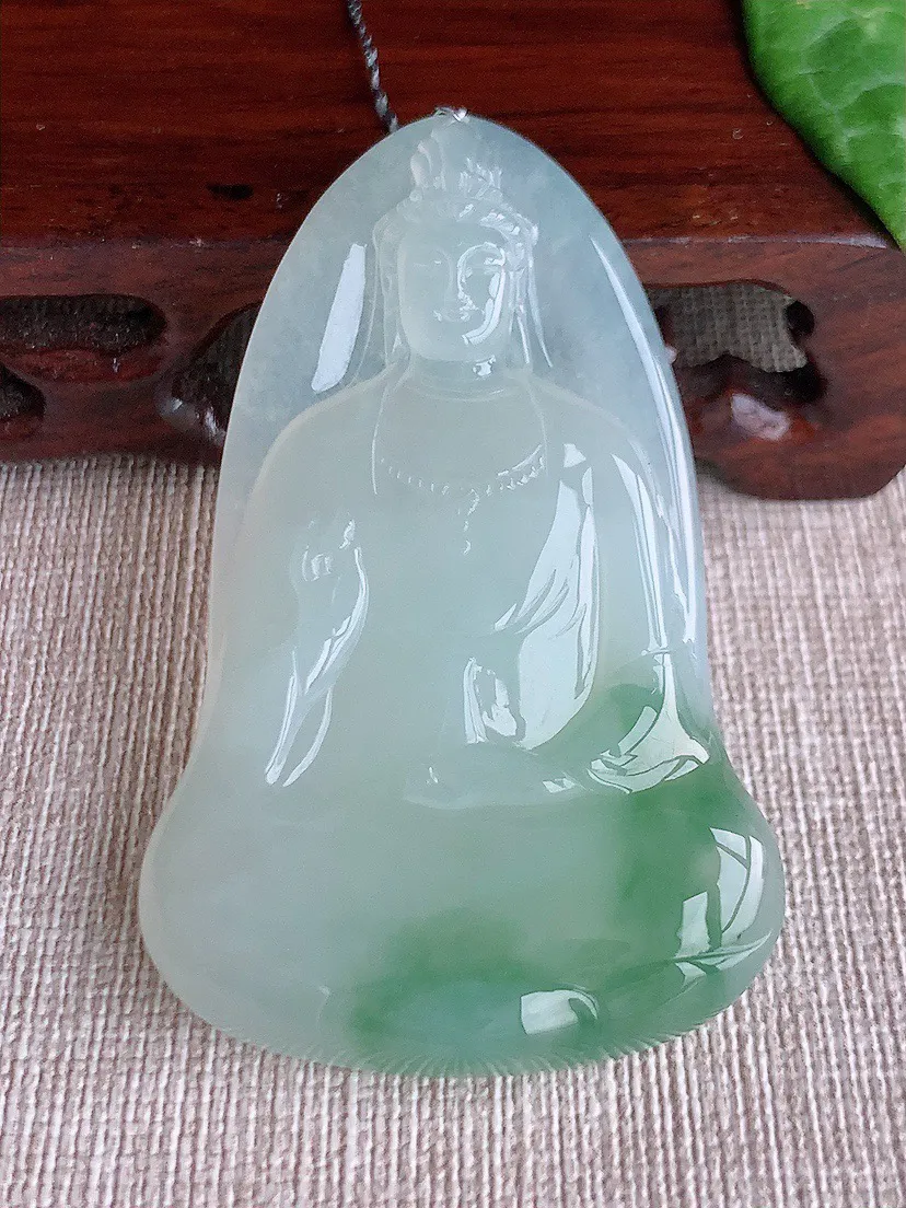 缅甸a货翡翠ddj老坑冰种一刀切飘花观音吊坠 整体61.7×38.7×6.5mm 29.67