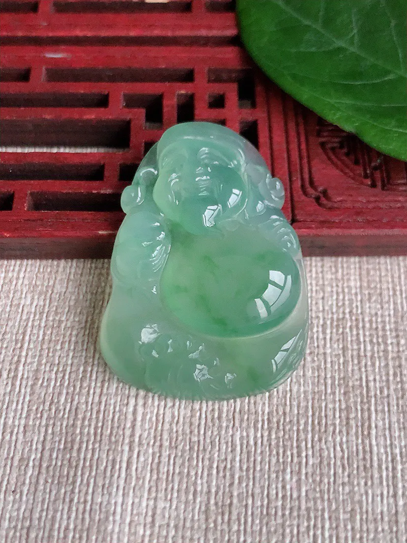 缅甸a货翡翠ddj老坑冰种晴水飘花财神爷镶嵌件 整体36.2×25.4×5.8mm 9.14