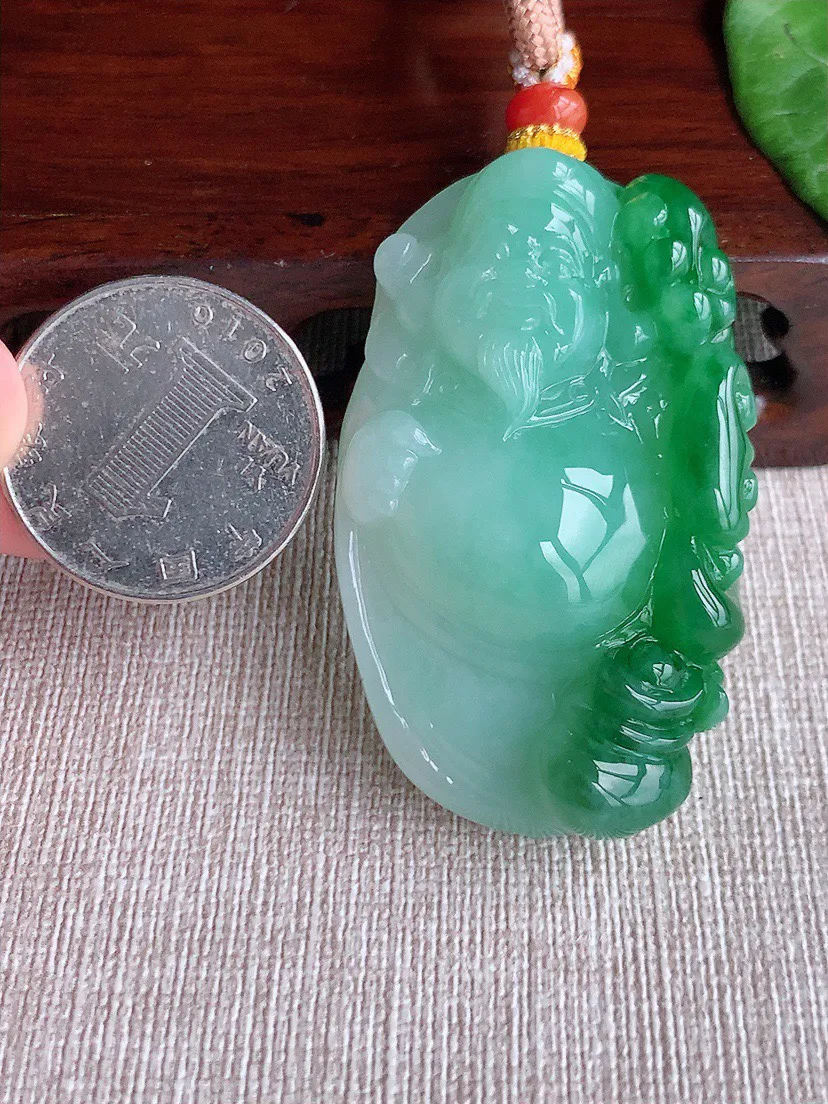 缅甸a货翡翠ddj老坑冰种飘绿财神爷吊坠 整体51.6×31.2×12.6mm 45.26