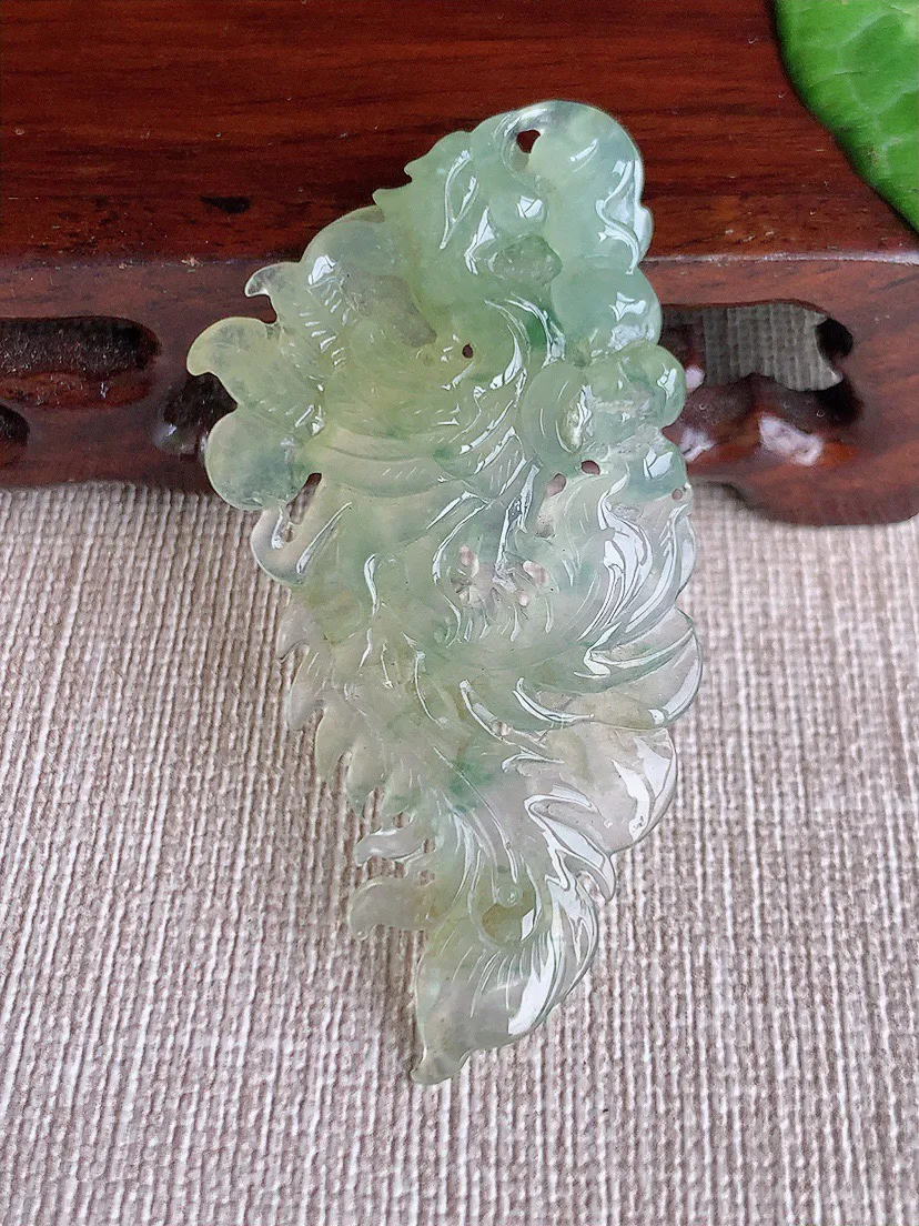 缅甸a货翡翠ddj老坑冰种黄翡飘花凤凰吊坠 整体57.3×28.5×6.6mm 10.87