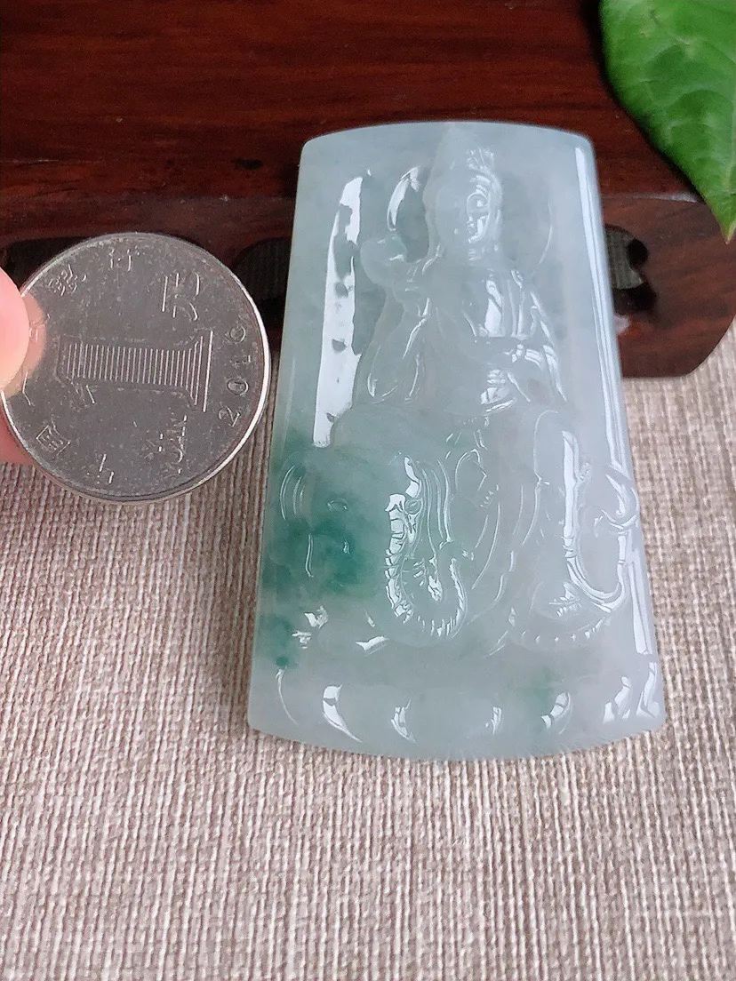 缅甸a货翡翠ddj老坑冰种飘花普贤菩萨吊坠 整体60×36.3×5.6mm 25.80