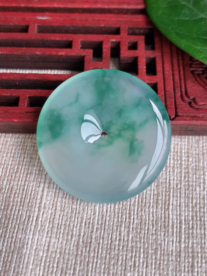 缅甸a货翡翠ddj老坑冰种飘花平安扣吊坠 整体29.8×5mm 10.34
