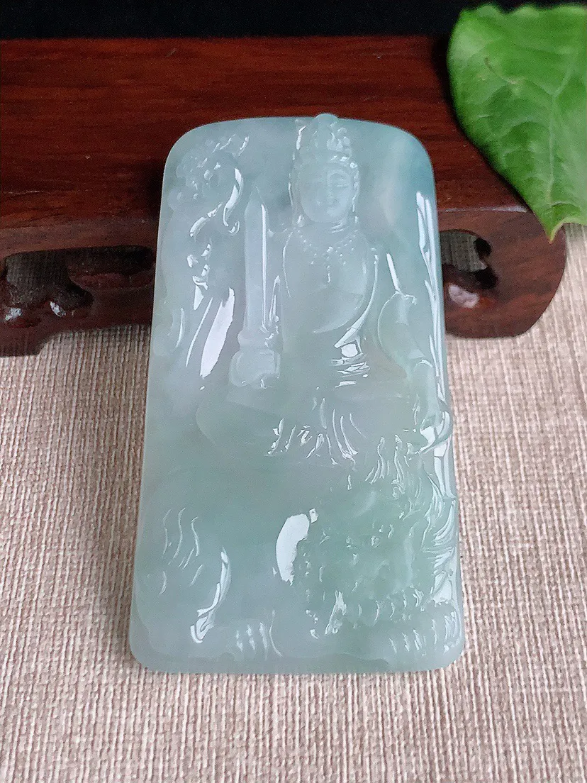 缅甸a货翡翠ddj老坑冰种晴水文殊菩萨吊坠 整体70.5×38.6×5.5mm 36.30