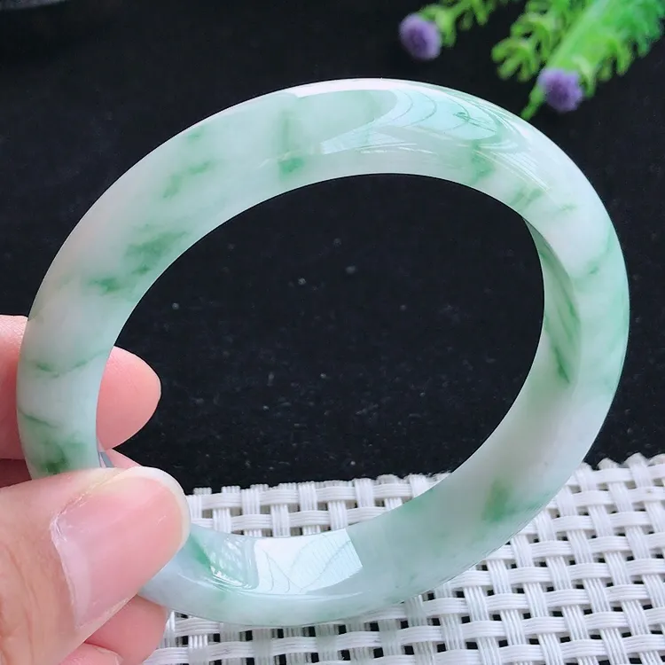 自然光58/12.7/8.3圈口老坑精美冰润飘花宽边手镯翡翠玉镯尺寸