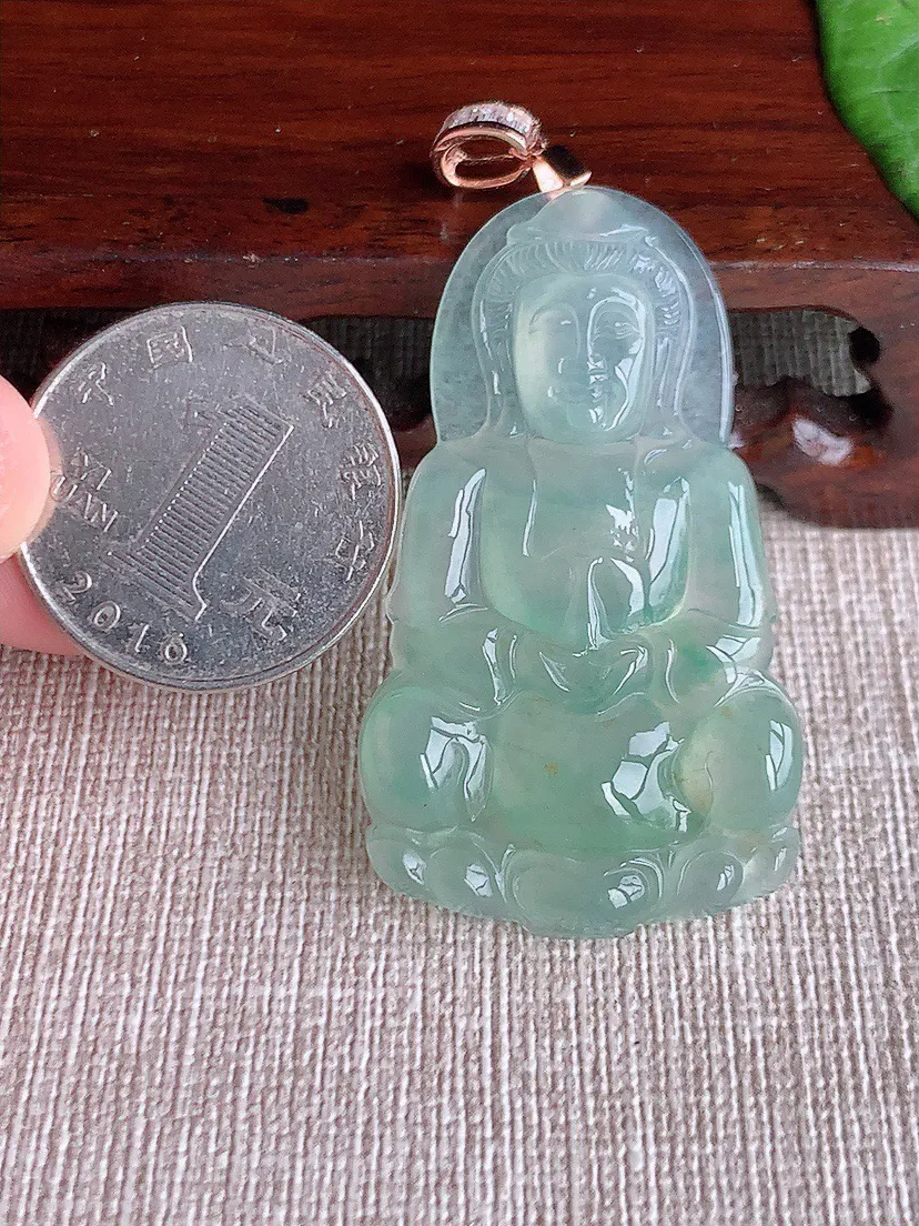 缅甸a货翡翠ddj老坑冰种晴水正装观音吊坠 整体47.4×27.4×5.8mm 11.90