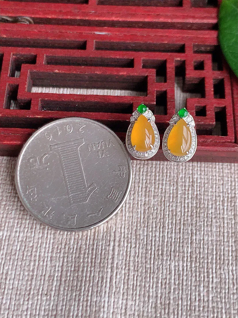 缅甸a货翡翠ddj老坑冰种18K金镶嵌黄翡水滴耳钉 整体7×4.6mm 1.95