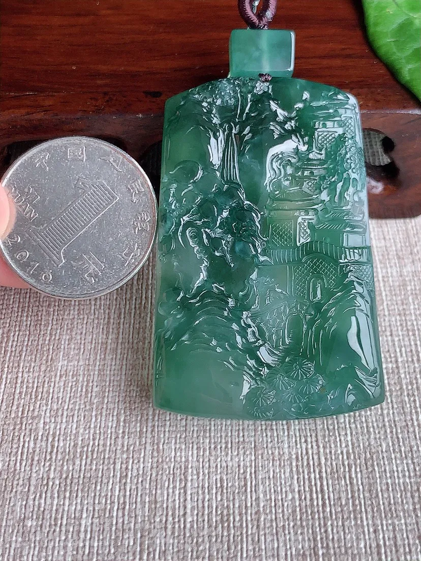 缅甸a货翡翠ddj老坑冰种飘花意境山水牌吊坠 整体52.3×34×7.7mm 38.94