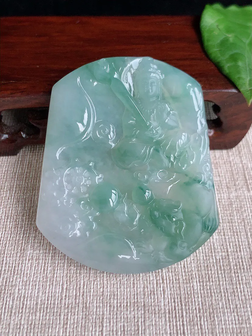 缅甸a货翡翠ddj老坑冰种飘花文殊菩萨吊坠 整体58.5×47.8×5.5mm 31.94