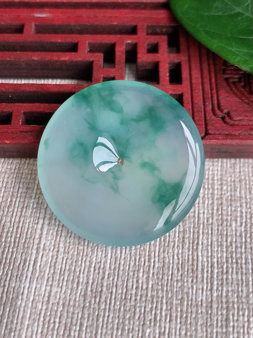 缅甸a货翡翠ddj老坑冰种飘花平安扣吊坠 整体29.8×5mm 10.34