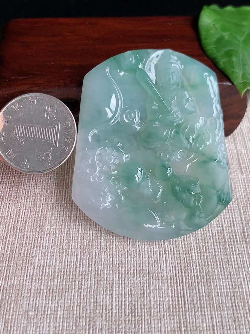 缅甸a货翡翠ddj老坑冰种飘花文殊菩萨吊坠 整体58.5×47.8×5.5mm 31.94