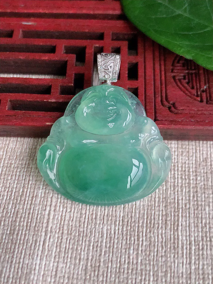 缅甸a货翡翠ddj老坑冰种18K金扣头晴水佛公吊坠 整体35.3×27.2×30×5.5mm 7.3