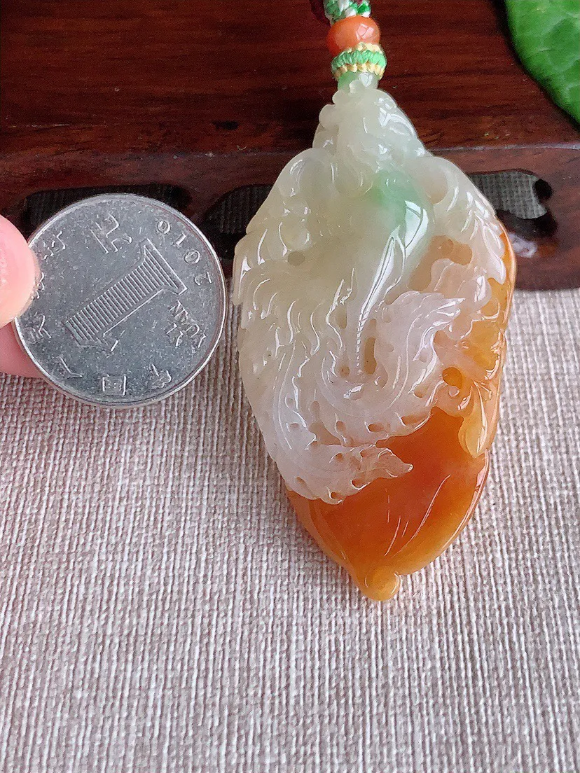 缅甸a货翡翠ddj老坑冰种飘红翡凤凰吊坠 整体58×32.3×10mm 30.74