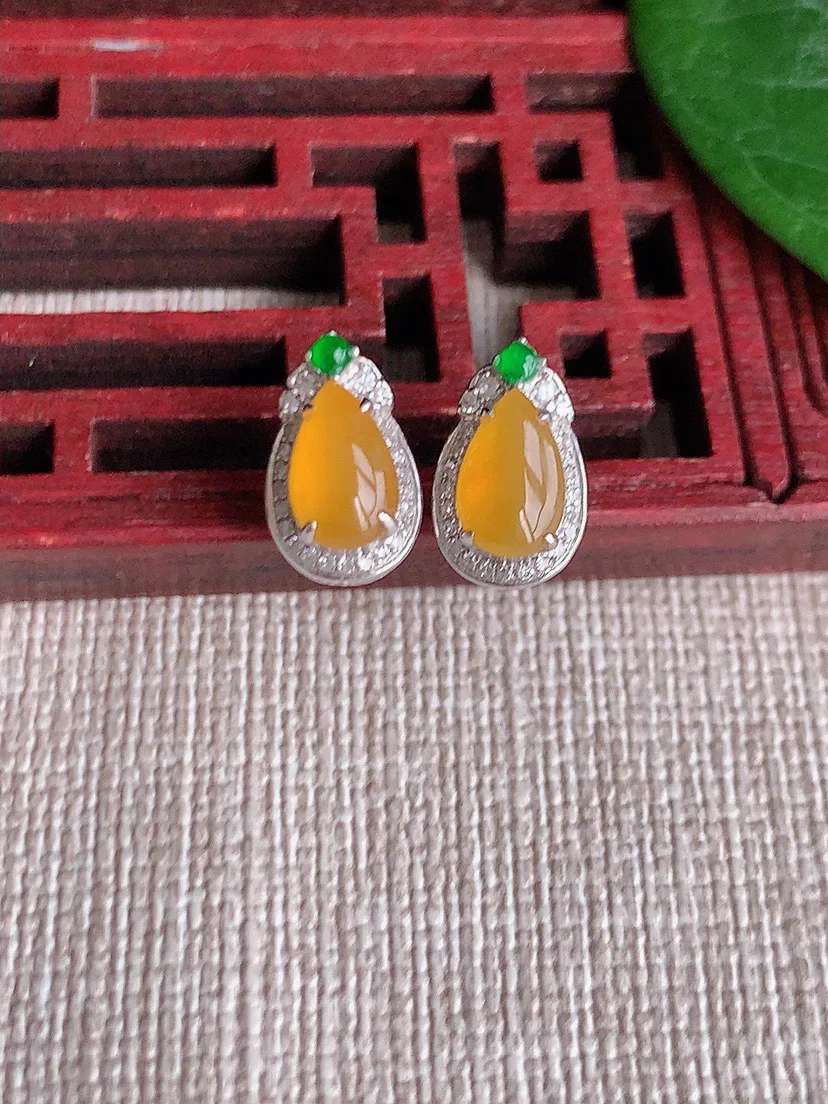 缅甸a货翡翠ddj老坑冰种18K金镶嵌黄翡水滴耳钉 整体7×4.6mm 1.95
