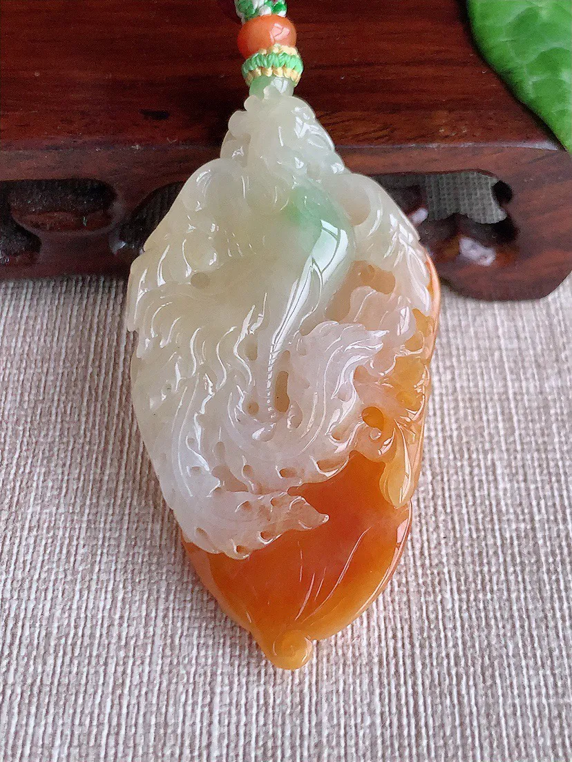 缅甸a货翡翠ddj老坑冰种飘红翡凤凰吊坠 整体58×32.3×10mm 30.74