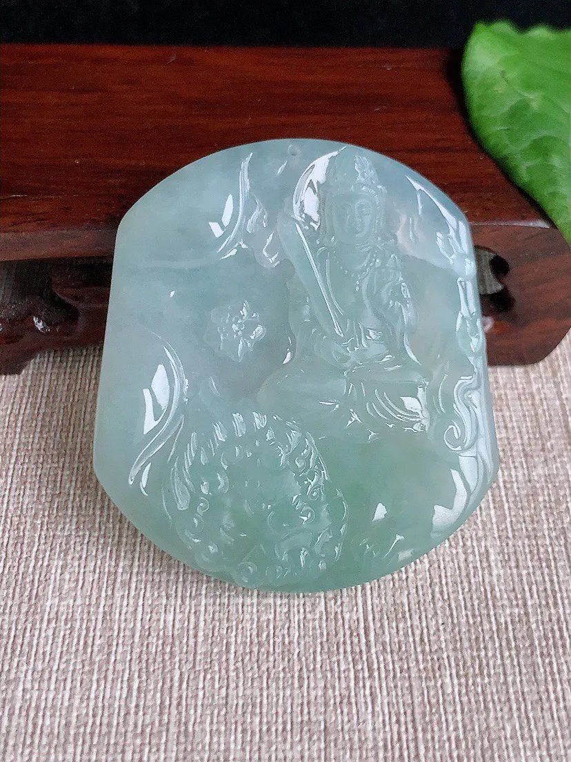 缅甸a货翡翠ddj老坑冰种晴水一刀切文殊菩萨吊坠 整体52×46×5.6mm 30.05