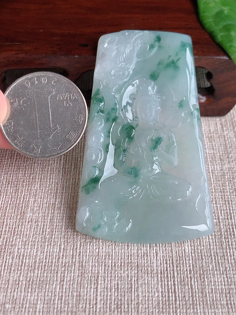 缅甸a货翡翠ddj老坑冰种一刀切飘花大势至菩萨吊坠 整体62.4×37×4mm 22.09