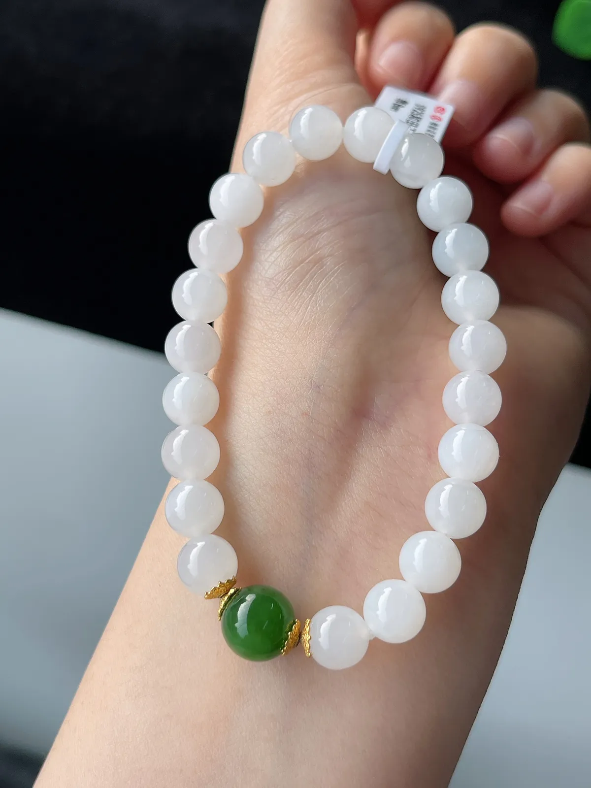 和田玉白玉手串8mm，搭配10mm和田碧玉