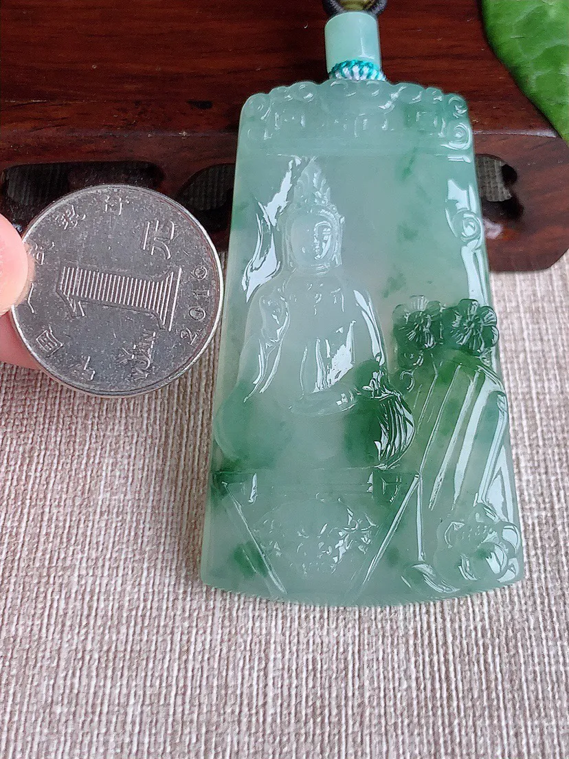 缅甸a货翡翠ddj老坑冰种飘花文殊菩萨吊坠 整体62.2×35.8×5.6mm 32.70