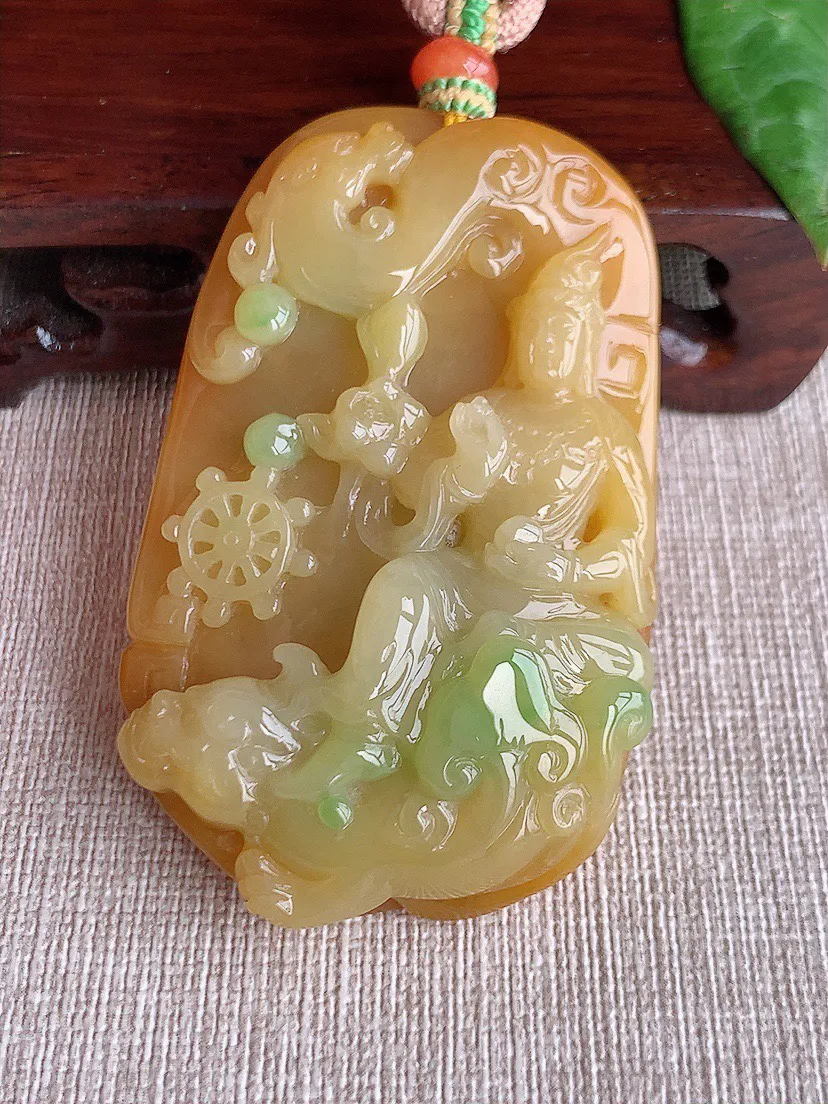 缅甸a货翡翠ddj老坑冰种黄加绿双彩文殊菩萨吊坠 整体60.2×45.3×16.7mm 65.34