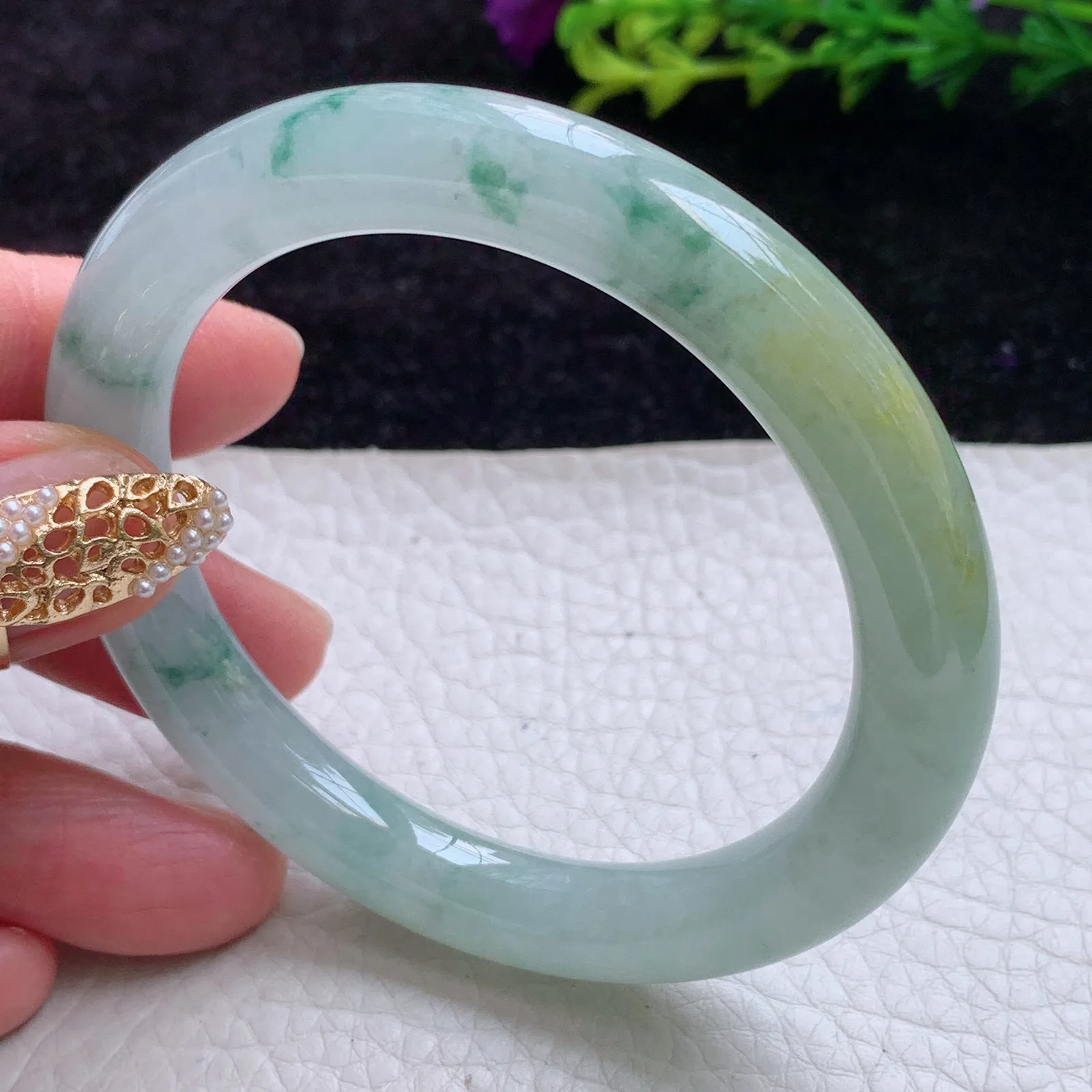 mq实拍54*91*9.2美人镯 缅甸翡翠A货冰飘花胶感圆条翡翠玉手镯 玉镯子