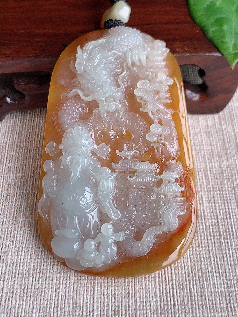 缅甸a货翡翠ddj老坑冰种黄翡财神爷吊坠 整体61.6×41×8.2mm 40.63