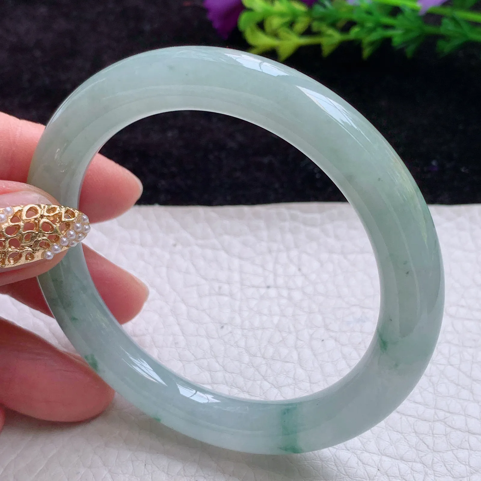 mq实拍54*91*9.2美人镯 缅甸翡翠A货冰飘花胶感圆条翡翠玉手镯 玉镯子