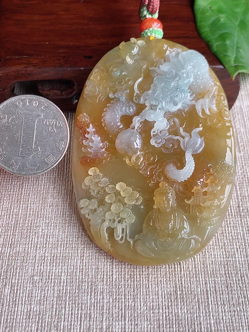 缅甸a货翡翠ddj老坑冰种黄翡龙牌神龙护主吊坠  整体68.6×49.3×16mm 86.68