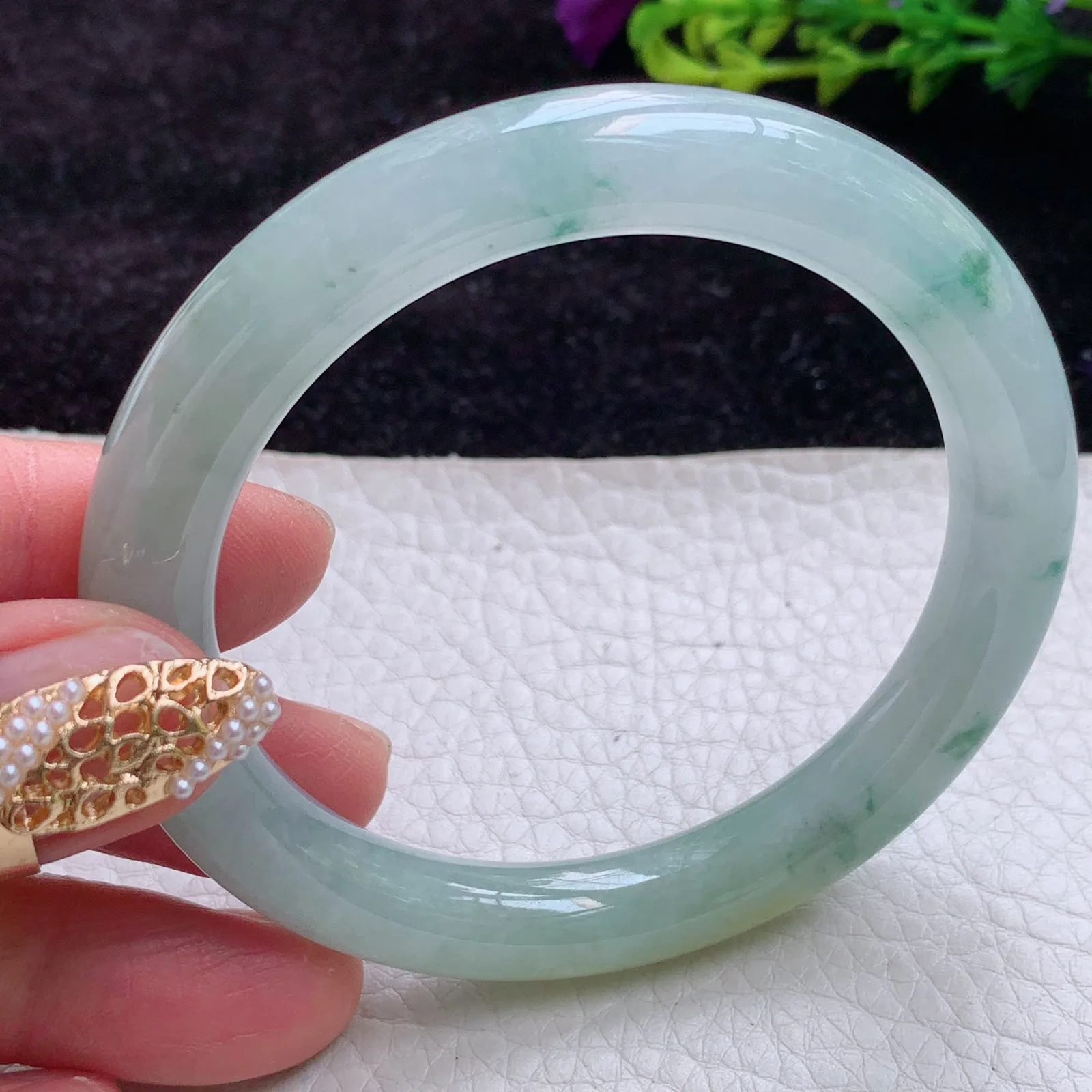 mq实拍54*91*9.2美人镯 缅甸翡翠A货冰飘花胶感圆条翡翠玉手镯 玉镯子