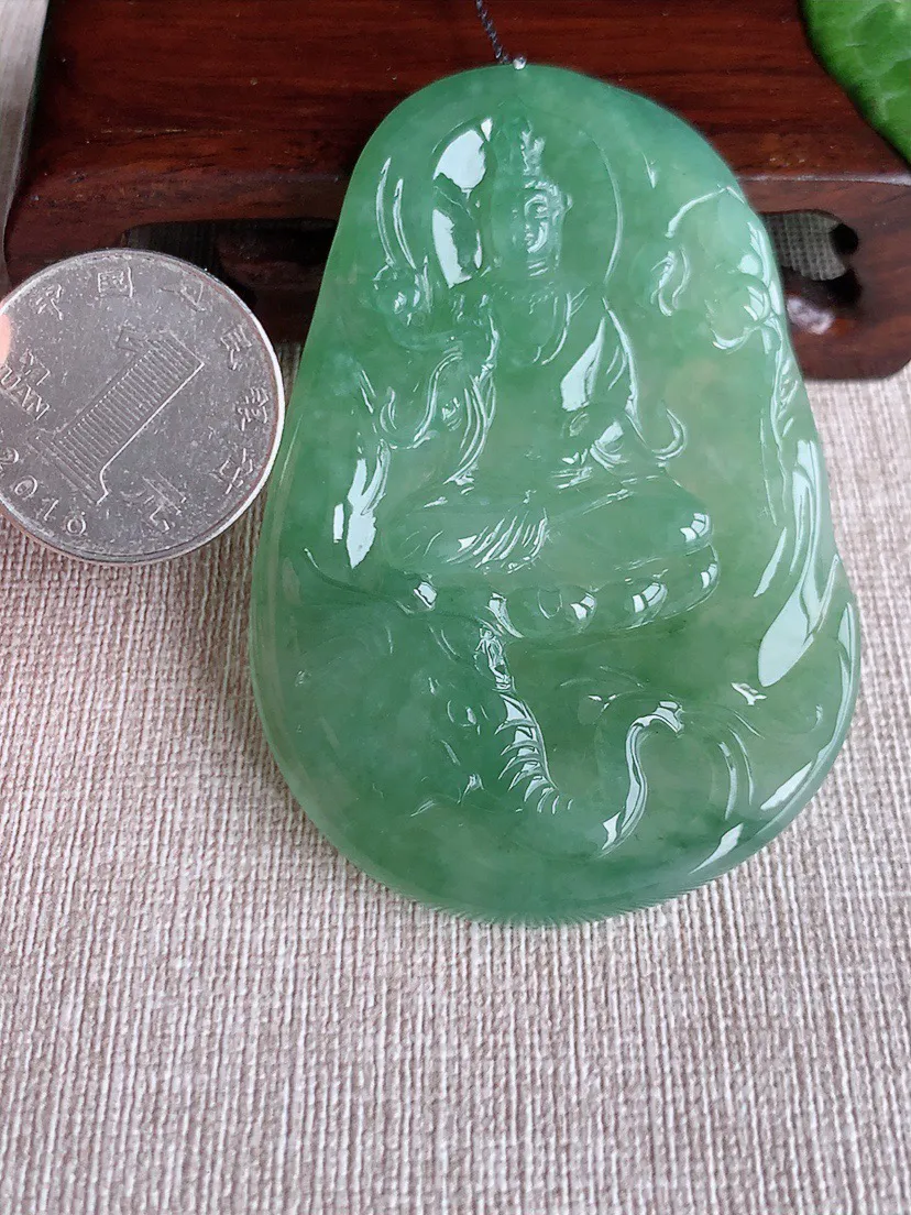 缅甸a货翡翠ddj老坑冰种晴绿普贤菩萨吊坠 整体71×47.3×5.8mm 40.56